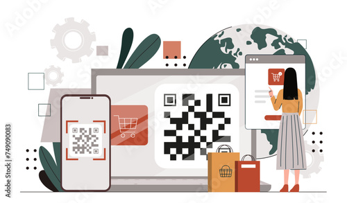 Woman with qr code concept. Young girl with shortened link. Electronic wallet, digital money transfers and transactions. Character with online shopping. Cartoon flat vector illustration