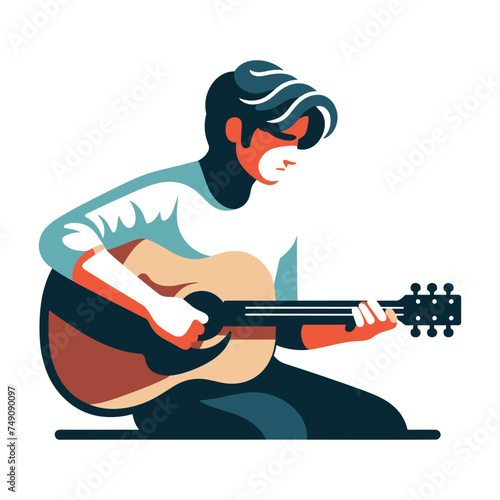 Musician man playing guitar acoustic vector illustration, male guitarist performing music, String instrument player design template isolated on white background