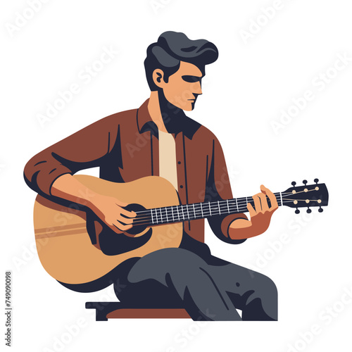 Musician man playing guitar acoustic vector illustration, male guitarist performing music, String instrument player design template isolated on white background