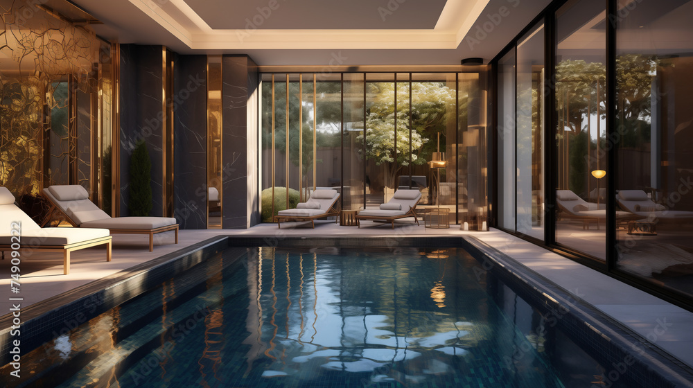 Elegant Indoor Pool with Relaxing Loungers and Serene Ambience in a High-End Home