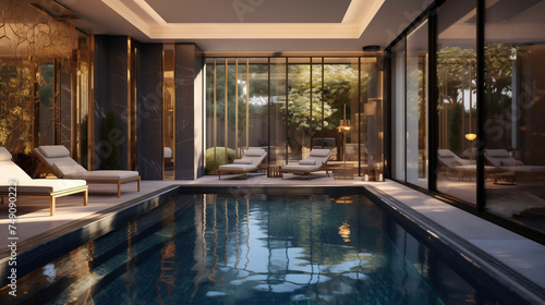 Elegant Indoor Pool with Relaxing Loungers and Serene Ambience in a High-End Home © HecoPhoto