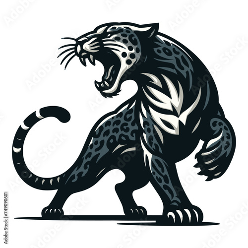 Wild roaring jaguar leopard full body vector illustration, zoology illustration, animal predator big cat design template isolated on white background