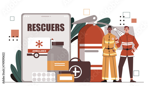 Team of rescuers concept. Firemen with fire extinguisher and first aid kit. Medical workers in ambulance. Safety and protection. Cartoon flat vector illustration isolated on white background