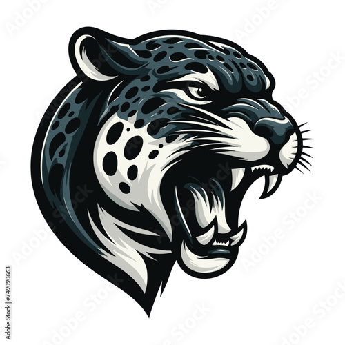 Wild roaring jaguar leopard head face vector illustration, zoology illustration, animal predator big cat design template isolated on white background