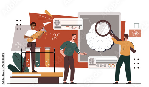 Research on brain concept. Health care and medicine, diagnosis and treatment. Men with magnifying glass and brain structure. Anatomy and biology. Cartoon flat vector illustration