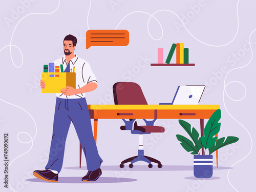 Man with resignation concept. Young guy with cradboard box with books. Worker and employee leave workplace. Jobless person. Cartoon flat vector illustration isolated on blue background