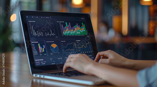 Financial Data Analyst Female Using KPI Dashboard On Laptop,Analyst Woman Looking At Business Data Analytics Dashboard