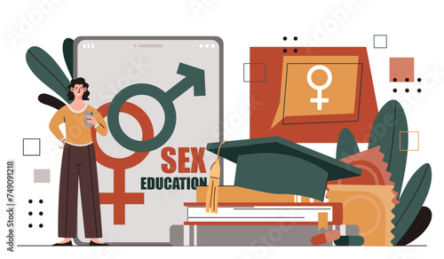 Woman with sexual education. Young girl with condomes and contraception. Health care and prevention of diseases. Reproductive system. Cartoon flat vector illustration isolated on white background