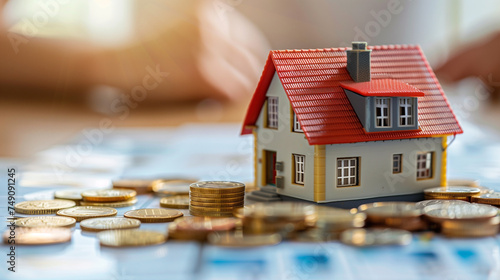 Real estate market, House model and a stack of coins. The concept of inflation, economic growth, the price of insurance services
