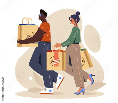People with shopping bags. Man and woman with packages with goods. Shoppaholics walk from market or shop. Clients and customers, buyers. Cartoon flat vector illustration isolated on white background