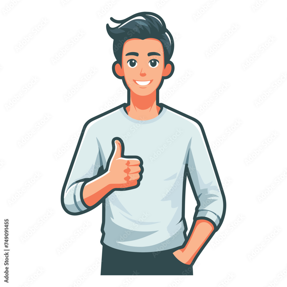 Man giving thumbs up vector illustration, happy guy showing OK gesture, approval sign, positive emotion, work done sign design template isolated on white background