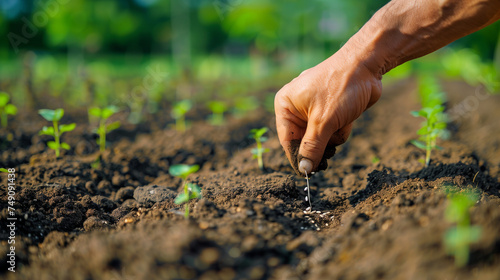 Farmer's Hand Planting Seeds In Soil In Rows, Agriculture and New life starting concept. Farmer hand seed planting with seed germination sequence