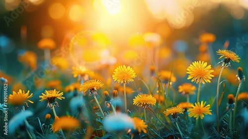 Floral summer spring background. Yellow dandelion flowers close-up in a field on nature on a dark blue green background in evening at sunset
