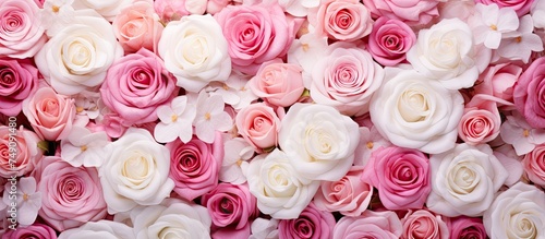 A cluster of romantic pink and white roses set against a floral background. The fresh and beautiful blooms create a visually appealing display.