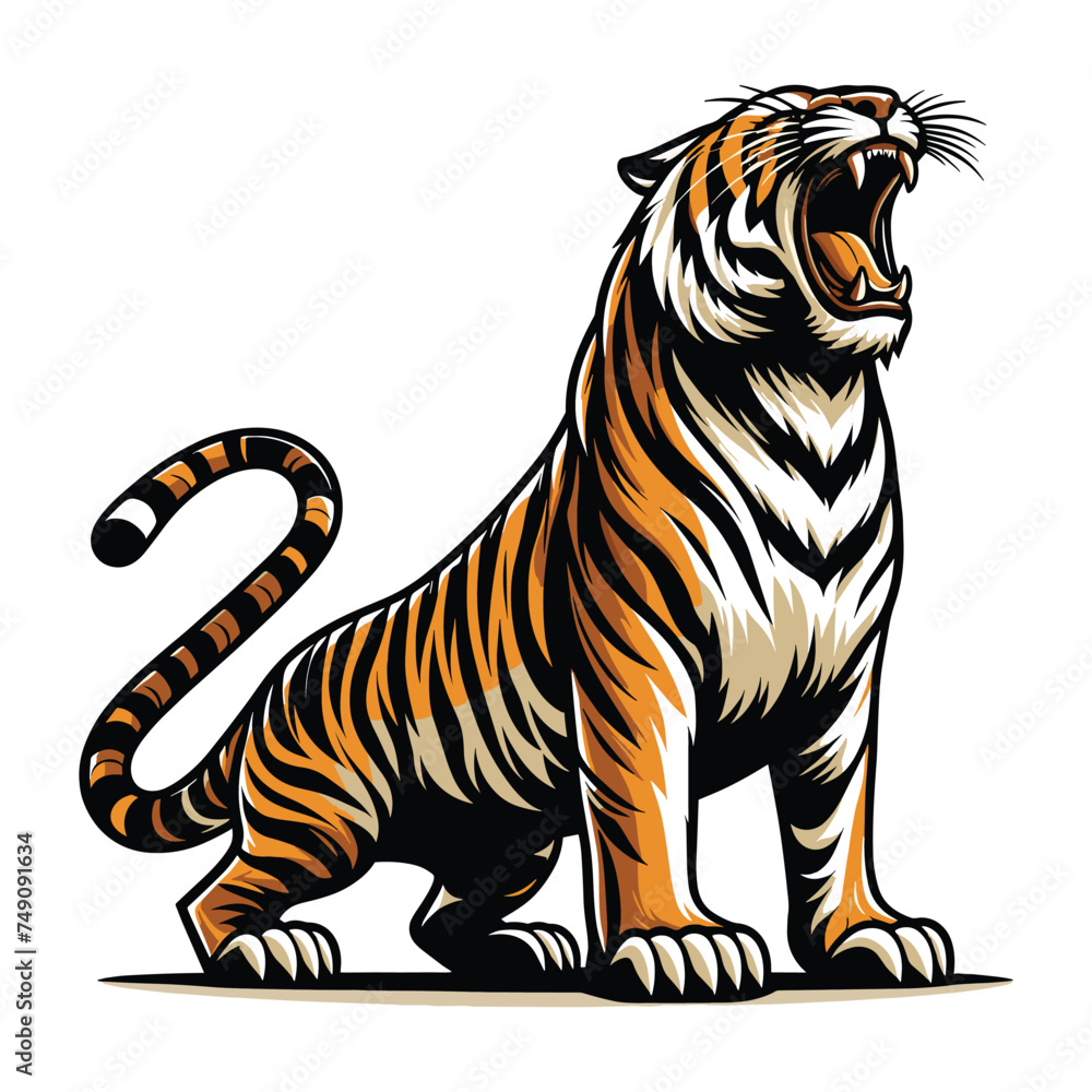 Obraz premium Wild roaring tiger full body vector illustration, zoology illustration, animal predator big cat design template isolated on white background