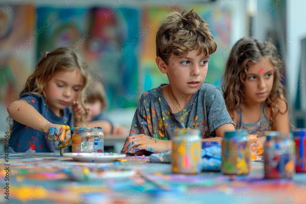 Fototapeta premium Group of Children Engaged in Creative Art Class with Colorful Paint and Supplies on Table at Workshop