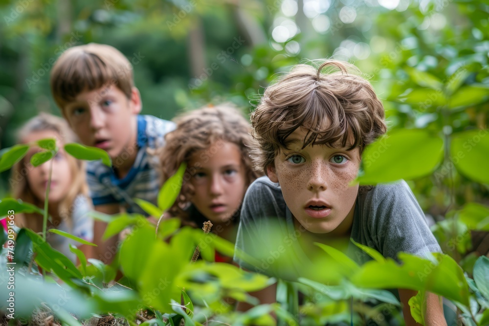 Group of Curious Children Exploring Nature, Kids on an Outdoor Adventure in a Lush Green Forest Group of Curious Children Exploring Nature, Kids on an Outdoor Adventure in a Lush Green Forest