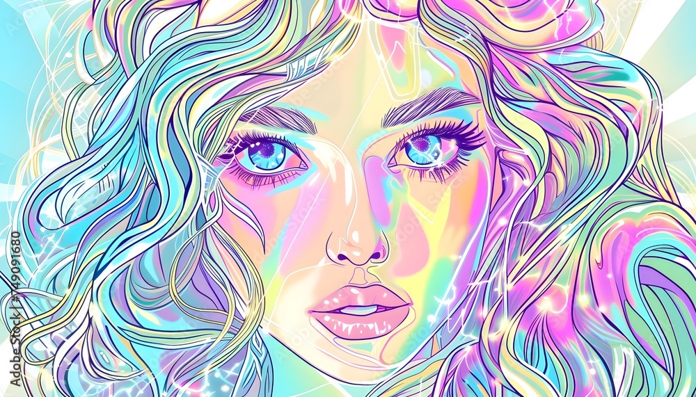 pink and blue drawing of a woman with flowing hair big eyes pink lips 