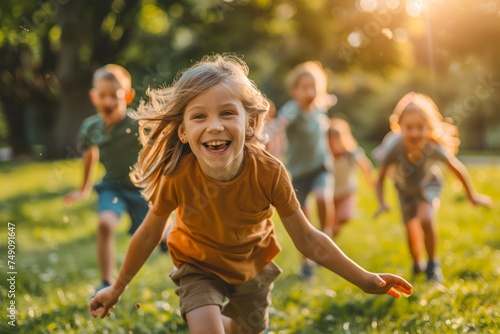 Happy Children Playing Tag in Sunny Park; Joyful Kids Running on Grass with Smiles, Summer Fun Outdoor Activity, Childhood Moments, Friends Enjoying Leisure Time Together in Nature