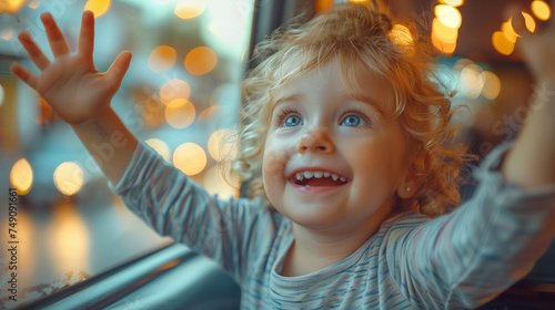 happy child girl goes on a summer travel trip in the car  a summer road trip. little cute kid in a car