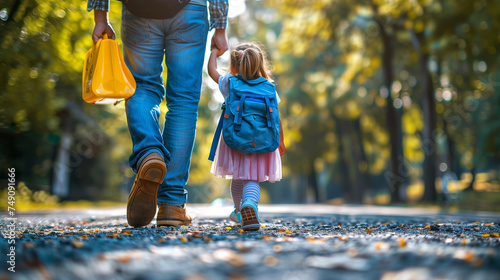 first day at school. father leads a little child school girl in first grade walking in the park photo