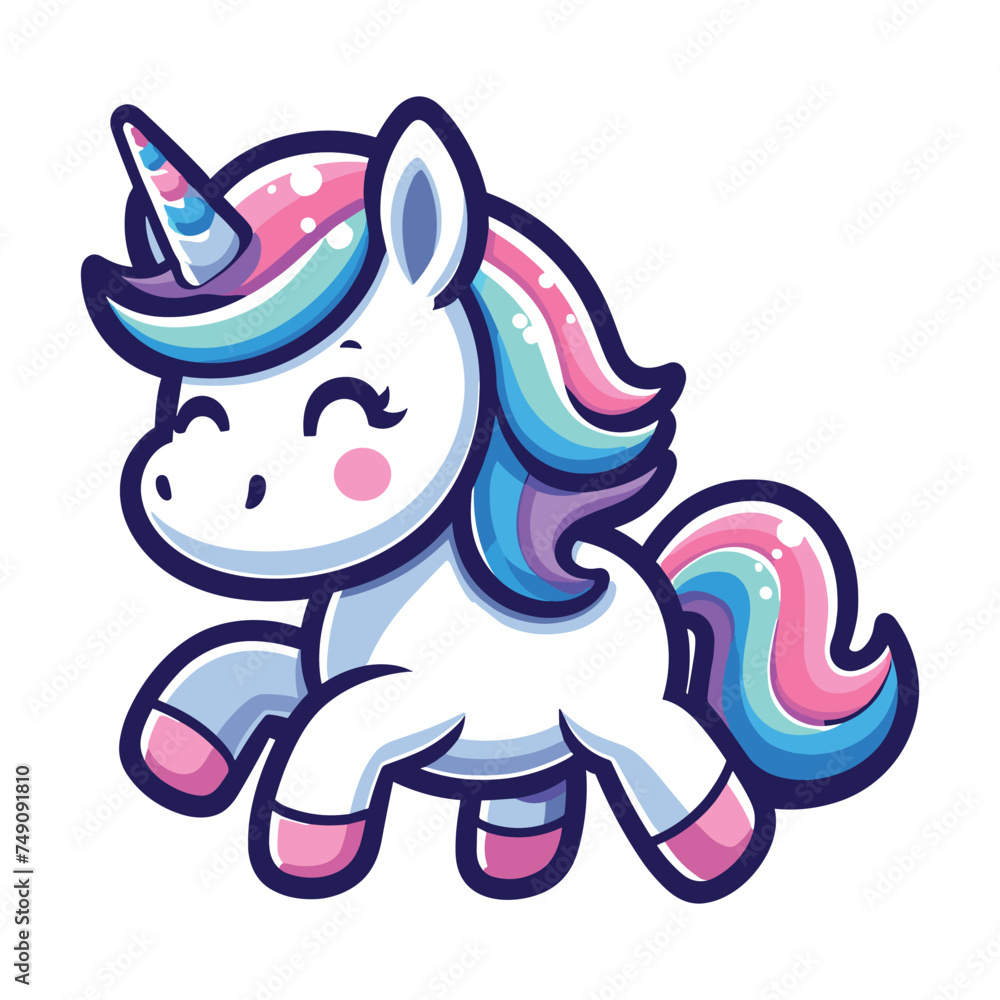 Cute unicorn cartoon character vector illustration, happy adorable magic unicorn with rainbow mane and tail design template isolated on white background Cute unicorn cartoon character vector illustration, happy adorable magic unicorn with rainbow mane and tail design template isolated on white background