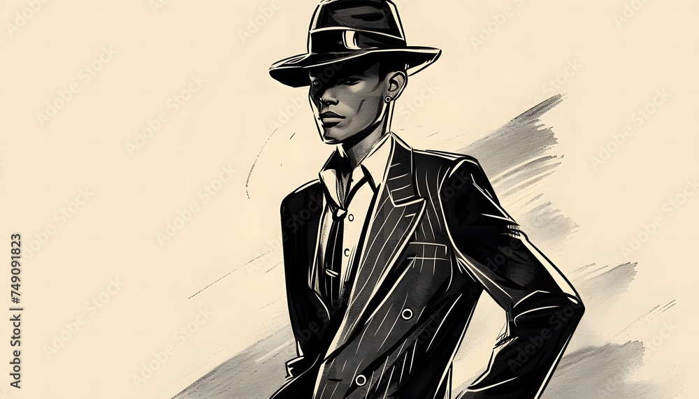 silhouette sketch drawing of a man in a black suit and hat business man 