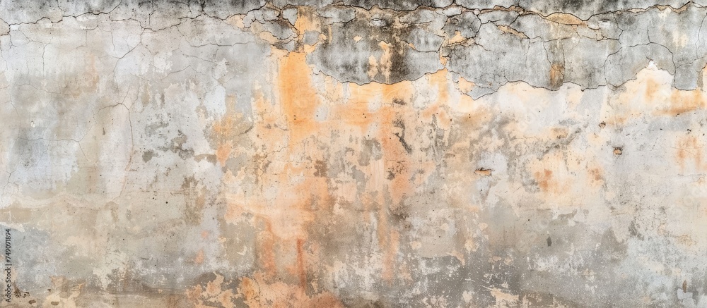 A close-up view of a concrete wall with visible dirt and grime accumulated on its surface, showcasing a vintage and weathered aesthetic. The wall texture appears rusty and damaged, adding character to