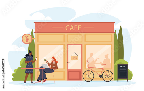 Woman at summer cafe. Young girls with hot drinks sitting near coffee shop and chatting. Visitors and clients at street cafe. Cartoon flat vector illustration isolated on white background