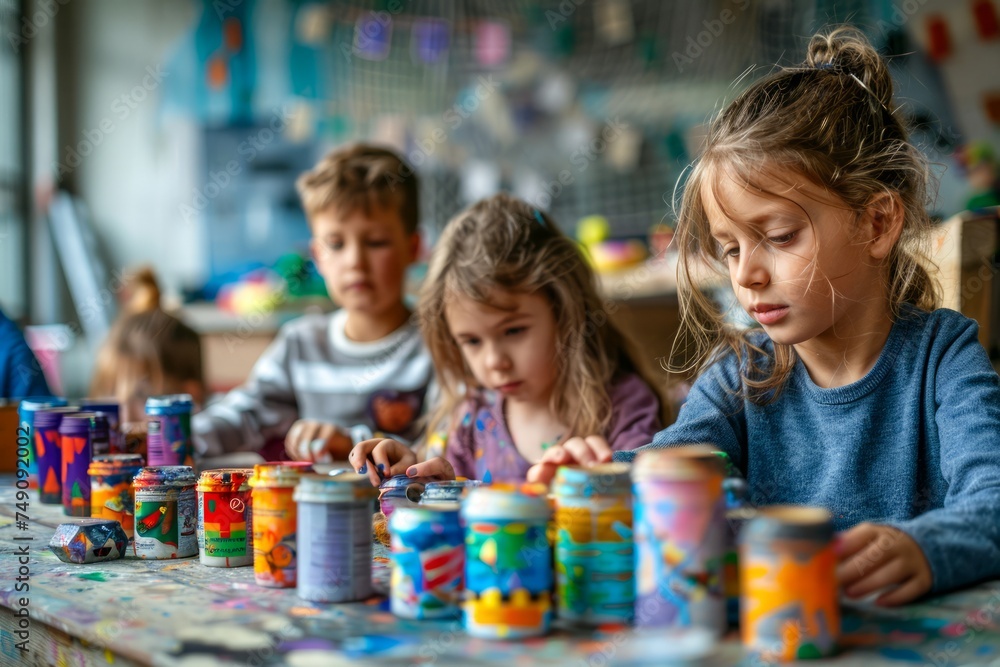 Group of Engaged Children Focused on Painting and Crafting with Colorful Paints in a Creative Classroom Environment