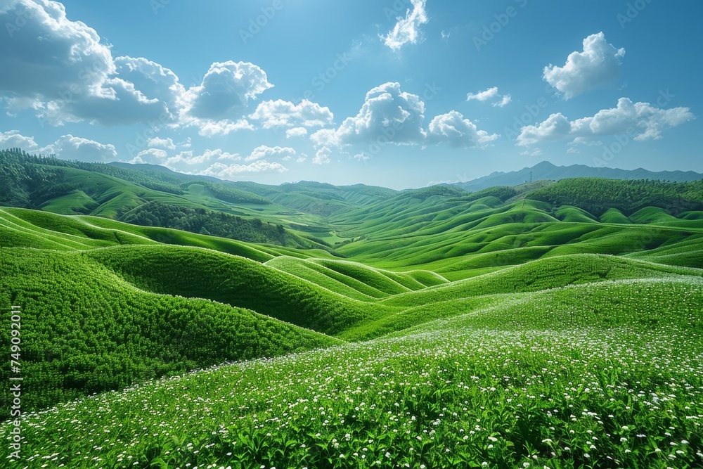 Lush Green Hillside Covered in Grass Under Blue Sky Lush Green Hillside Covered in Grass Under Blue Sky