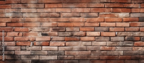 A classic vintage red brick wall is shown with several missing mortar joints, creating a unique and rustic appearance. The construction material used is traditional red bricks, commonly found in older
