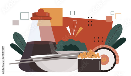 Sushi and rolls concept. Sticks near seafood. Traditional asian restaurant or cafe menu. Teriyaki sauce and sushi. Japanese cuisine. Cartoon flat vector illustration isolated on white background