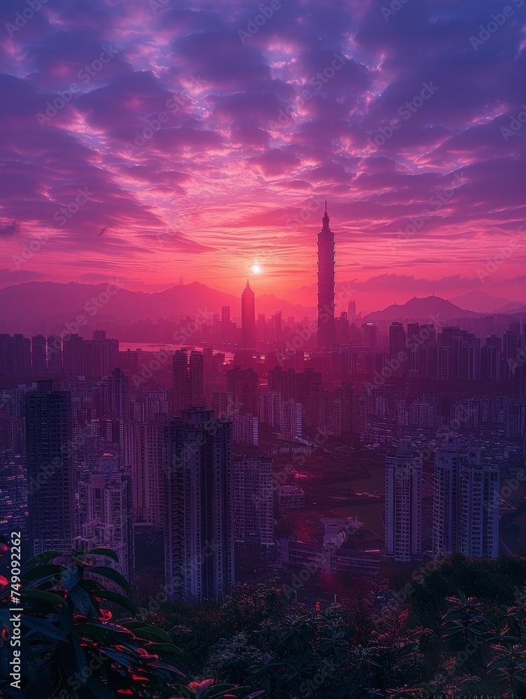 The Sun Setting Over Tall City Buildings