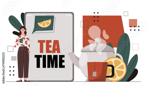 Tea time at smartphone concept. Woman with teapot with hot drink near cup with slice of lemon. Poster or banner. Comfort and coziness. Cartoon flat vector illustration isolated on white background
