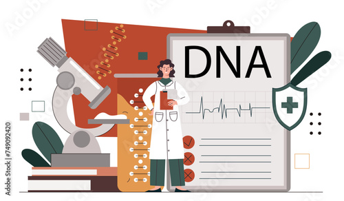 Woman testing dna concept. Doctor in medical gown conducts scientific research. Health care and medicine, treatment. Young girl scientist near microscope. Cartoon flat vector illustration