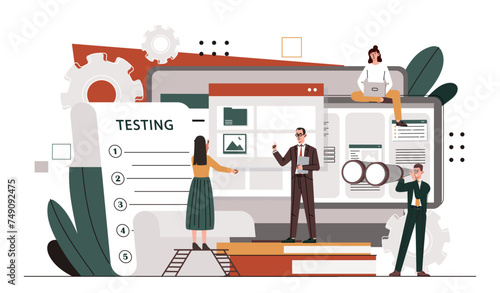 Testing quality assurance concept. Men and women work at product. Programmers and IT specialists evaluate computer program and mobile application code. Cartoon flat vector illustration