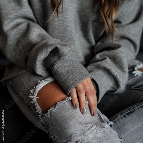 sweatshirt sleeve mockup, show females arm in sweatshirt flat across lap showing side of sleeve, crisp and clean fabric