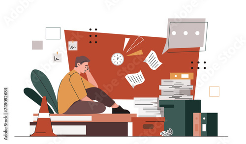 Overworked man concept. Tired worker sitting at books and documents. Mental health problems and emotional burnout. Employee with frustration and depression. Cartoon flat vector illustration