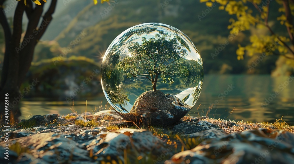 Glass globe in the in nature concept for environment - obrazy, fototapety, plakaty 