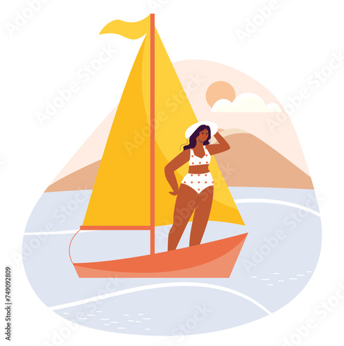 Woman travel in sailboat. Young girl in swimsuit standing at yacht. Holiday and vacation in tropical and exotic countries. Tourist at ocean and sea. Cartoon flat vector illustration