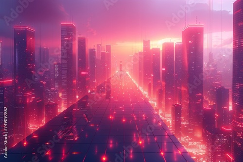 Illuminated Futuristic Cityscape With Red and Purple Lights