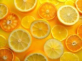 Slices of fresh orange and lemon in water on yellow