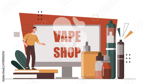 Man with vape shop. Young guy with electronic cigarettes and vaporizers. Unhealthy lifestyle and bad habits. Devices for smokers. Cartoon flat vector illustration isolated on white background