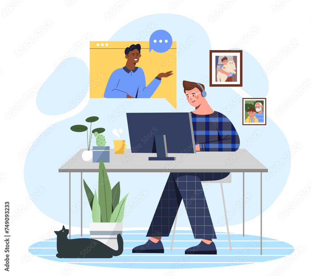 Man with video call. Young guy communicate with friend in social networks. Distant communication and interaction. Freelancer and remote employees. Cartoon flat vector illustration
