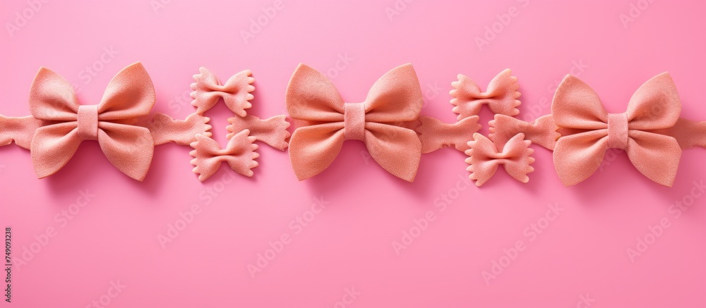 A row of pink bows neatly lined up on a soft pink background, creating a visually pleasing pattern. The delicate bows add a touch of charm and sweetness to the scene.