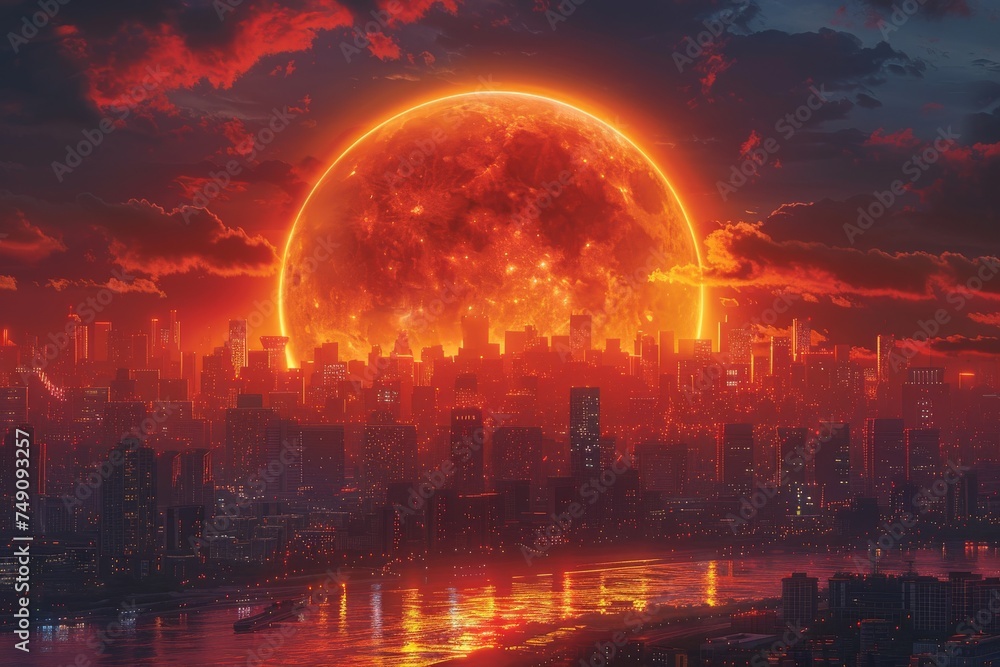 City With Giant Red Moon in Sky City With Giant Red Moon in Sky