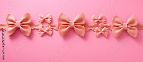 A row of pink bows neatly lined up on a soft pink background, creating a visually pleasing pattern. The delicate bows add a touch of charm and sweetness to the scene.