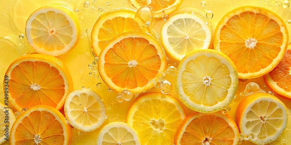 Slices of fresh orange and lemon in water on yellow