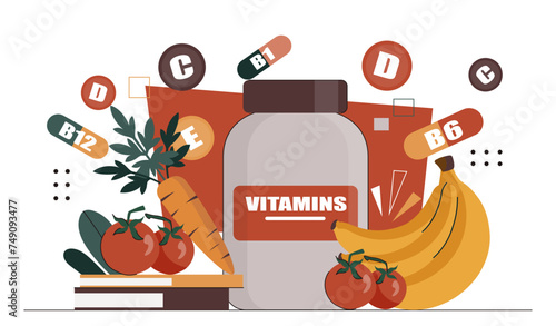 Vitamins complex concept. Fruits and vegetables near package with pills. Healthy lifestyle. Supplements for sports and fitness. Cartoon flat vector illustration isolated on white background